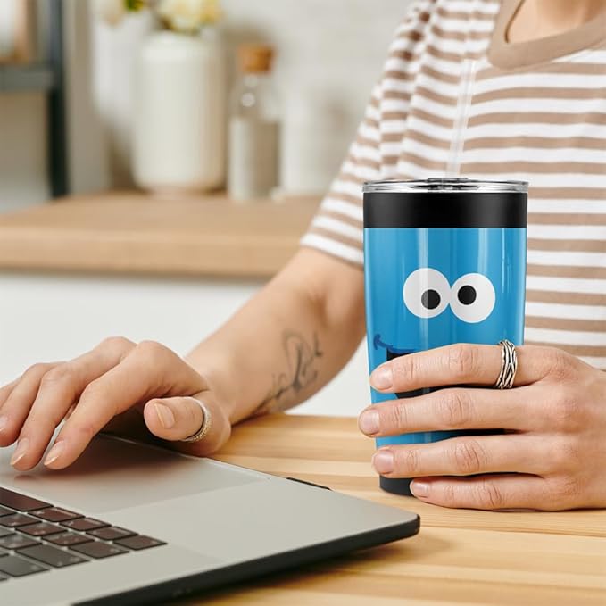 LOGOVISION Sesame Street Cookie Monster Face Stainless Steel Tumbler with Straw and Flip Lid 20 oz, Vacuum Insulated & Double Wall with Leakproof Dual Lid | Great for Iced Coffee and Hot Beverage