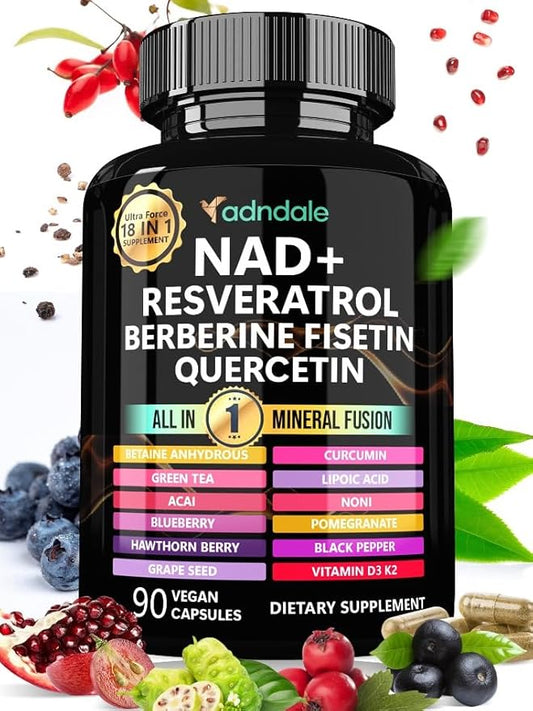 NAD Supplement. Longevity Formula with Liposomal NAD+, Trans Resveratrol, Quercetin, Berberine, Betaine Anhydrous, Grape Seed, Fisetin. NAD Resveratrol Supplement with Berberine 90 Capsules.