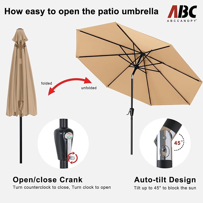 ABCCANOPY 9FT Outdoor Patio Umbrella, 8 Ribs Table Umbrella w/Crank for Easy Set Up, Suitable for Garden, Lawn, Deck & Backyard (Tan)