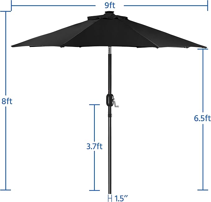 Yaheetech 9FT Solar Patio Umbrella Outdoor Table Market Umbrella w/8 Ribs and 32 LED Lights, Tilt & Crank & UV Protection for Backyard/Deck/Poolside, Black