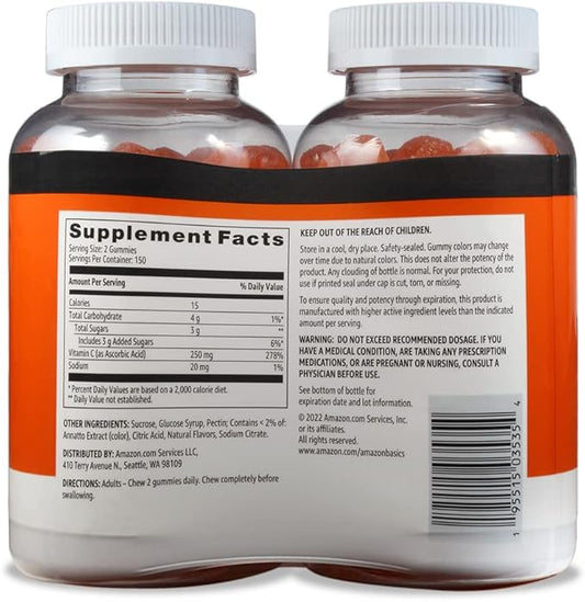 Amazon Basics Vitamin C 250 mg Gummies, Orange, 300 Count (2 Packs of 150), 2 per Serving (Previously Solimo)