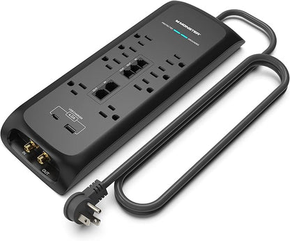 Monster Black Heavy Duty Surge Protector Power Strip 6 ft Cord with 8 120V-Outlet Extension, 2 Ethernet Switch Ports, 4050J Rating, 1 USB-A, and 1 USB-C Charging Ports – Ideal for Computers and Office