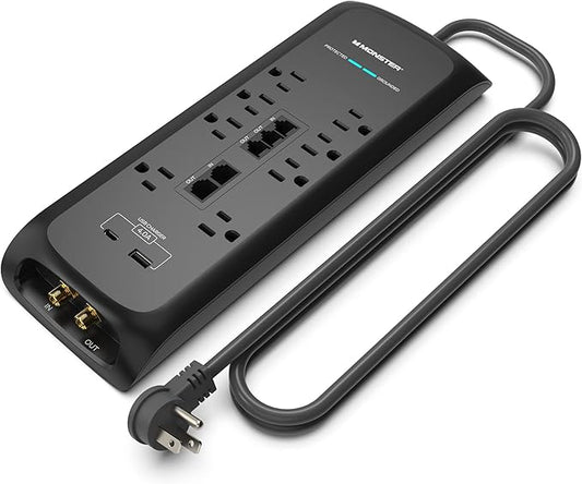 Monster Black Heavy Duty Surge Protector Power Strip 6 ft Cord with 8 120V-Outlet Extension, 2 Ethernet Switch Ports, 4050J Rating, 1 USB-A, and 1 USB-C Charging Ports – Ideal for Computers and Office