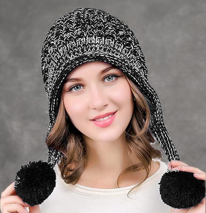 DOCILA Winter Beanie Hat for Women Warm Fleece Lined Pom Knit Earflap Hats Cute Outdoor Snow Ski Skull Cap