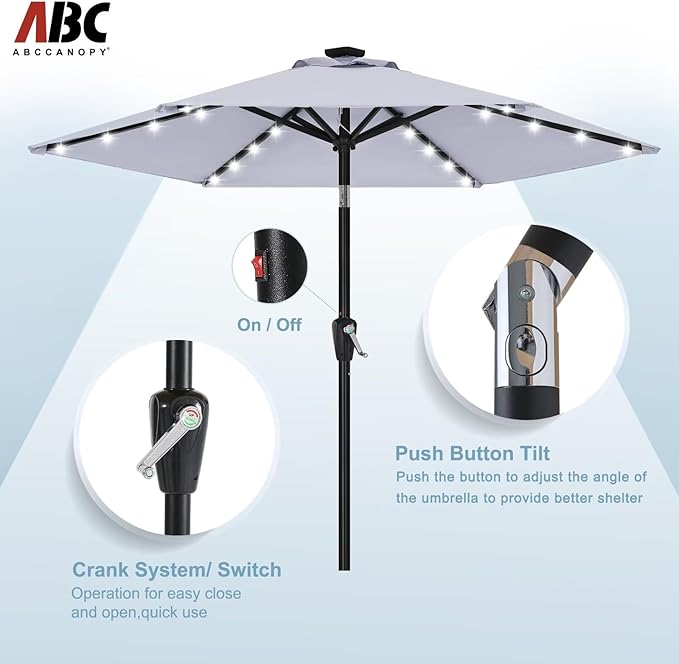ABCCANOPY Durable Solar Led Patio Umbrellas with 24LED Lights 7.5FT with 6 Sturdy Ribs (Fog Gray)