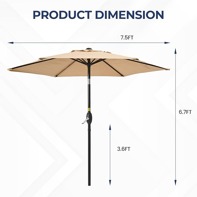 SUNVIVI OUTDOOR 7.5' Outdoor Patio Umbrella, Patio Umbrella, Market Umbrella, Metal Pole Umbrella with Push Button Tilt and Crank, 6 Ribs, Polyester Canopy