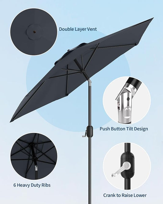 7.5FT Patio Umbrella Outdoor, Market Umbrella, Table Umbrella with Push Button Tilt and Crank, 6 Sturdy Ribs UV Protection Waterproof for Garden, Pool, Deck, Backyard (Grey)