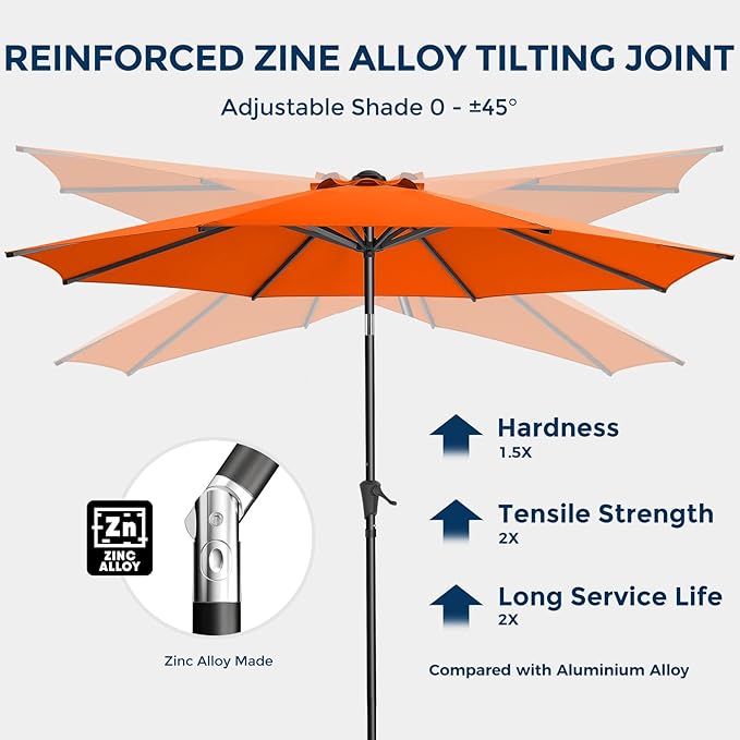 9ft Outdoor Patio Umbrella - Market Table Pool Deck Umbrella UPF50+ UV Protection with Push Button Tilt, Crank and 8 Sturdy Ribs (Neon Orange, No base)