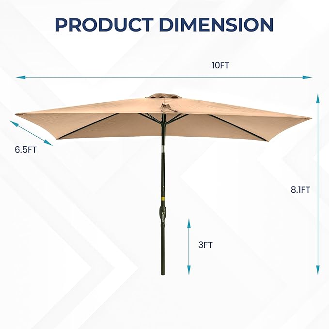 SUNVIVI OUTDOOR Patio Umbrella, 6.5' x 10' Rectangular Patio Umbrella, Metal Pole Square Outdoor Umbrella with Crank and Push Button Tilt, 6 Steel Ribs, Polyester Canopy