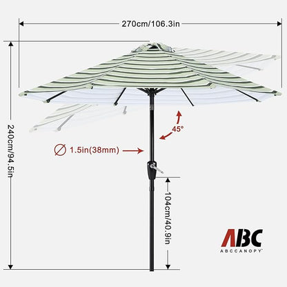 ABCCANOPY 9FT Patio Umbrella - Outdoor Waterproof Table Umbrella with Push Button Tilt and Crank, 8 Ribs UV Protection Pool Umbrella for Garden, Lawn, Deck & Backyard (Green Stripes)