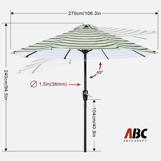 ABCCANOPY 9FT Patio Umbrella - Outdoor Waterproof Table Umbrella with Push Button Tilt and Crank, 8 Ribs UV Protection Pool Umbrella for Garden, Lawn, Deck & Backyard (Green Stripes)