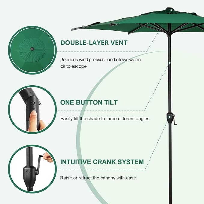 Abba Patio 7.5FT Lyon Outdoor Patio Umbrella Outdoor Table Umbrella with Push Button Tilt and Crank Market Umbrella 6 Sturdy Ribs UV Protection Waterproof for Garden Deck Backyard Pool Dark Green