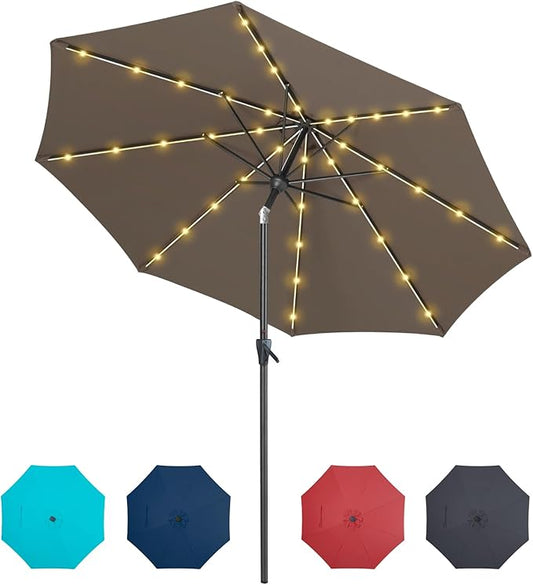 Tempera Solar Patio Umbrella 40 LED Lighted Outdoor Umbrella Table Market Umbrella with Push Button Tilt and Crank, Solar Umbrella with Sturdy Pole&Fade Resistant Canopy, Easy to Set