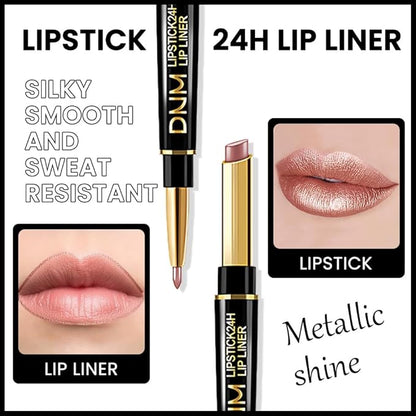 2-in-1 Brown Lip Liner & Lipstick Set Kit for Women, Metallic Lips Kit with Lip Liner Lip Stains Long Lasting Waterproof 24 Hour Lipstick and Lip Liners Combo Lipliners Pencil Set 18