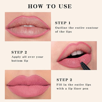 3Pcs Longwear Liquid Lip Liner Stain Pen Set Long Lasting Waterproof, Pink Ruby Red Warm Pink Matte Semi Permanent 24 Hour Lip Liner and Lipstick Combo, Color Stay Lipliner All Day Lip Stains peel off