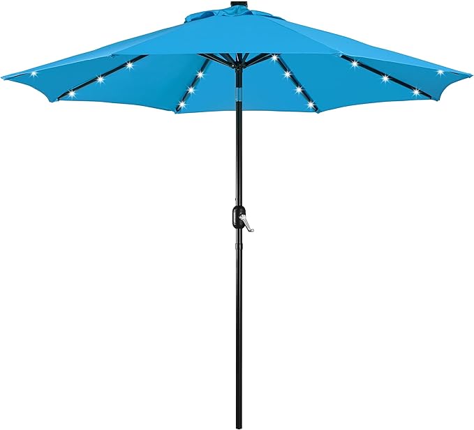 Yaheetech 9FT Solar Powered Patio Umbrella - UV Protection Market Table Umbrella w/ 32 LED Lights & Push Button Tilt & Crank Lift System for Garden/Lawn/Deck/Backyard/Pool,Sky Blue