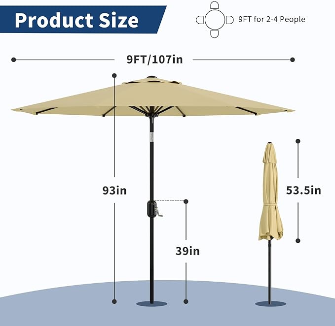 9Ft Patio Umbrella - 8 Sturdy Ribs Outdoor Table Umbrella with Crank Lift & Push Button Tilt - Market Umbrella for Pool, Deck, Yard, Garden - Beige