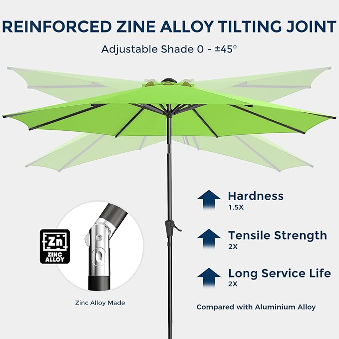 9ft Outdoor Patio Umbrella - Market Table Pool Deck Umbrella UPF50+ UV Protection with Push Button Tilt, Crank and 8 Sturdy Ribs (Apple Green, No base)
