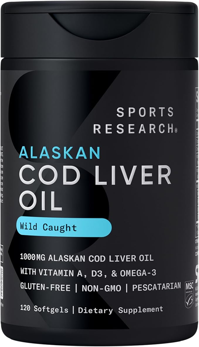 Sports Research® Omega-3 Wild Alaskan Cod Liver Oil 1000mg with Vitamins A (1000 IU) & D3 (400 IU) - Burpless, Bovine Free, Non-GMO, & MSC Certified Sustainable - 120 Softgels