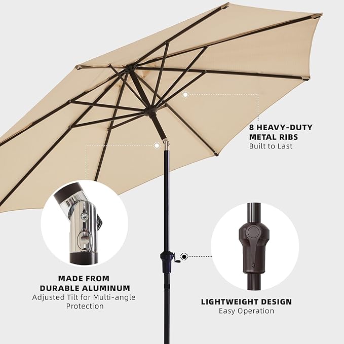 wikiwiki 10 FT Patio Umbrellas Outdoor Table Market Umbrella with Push Button Tilt/Crank, 8 Sturdy Ribs, Fade Resistant Waterproof POLYESTER DTY Canopy for Garden, Lawn, Deck, Backyard & Pool, Beige