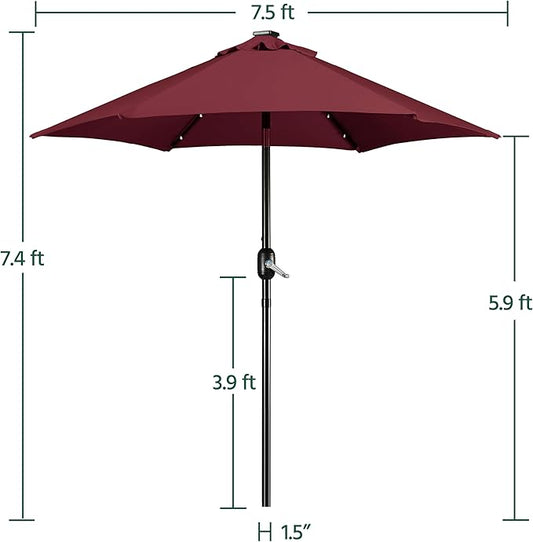 Yaheetech 7.5 ft Solar Patio Umbrella Outdoor Market Table Umbrella w/Push Button Tilt & Crank and UV Protection for Garden, Deck, Backyard, Pool and Beach, Burgungy
