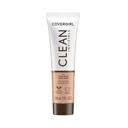 COVERGIRL Clean Invisible Foundation Makeup, Dewy & Glowy Natural Finish, Buildable Coverage, Skin-Like Smooth Look, Vegan, Sand Beige, 1oz