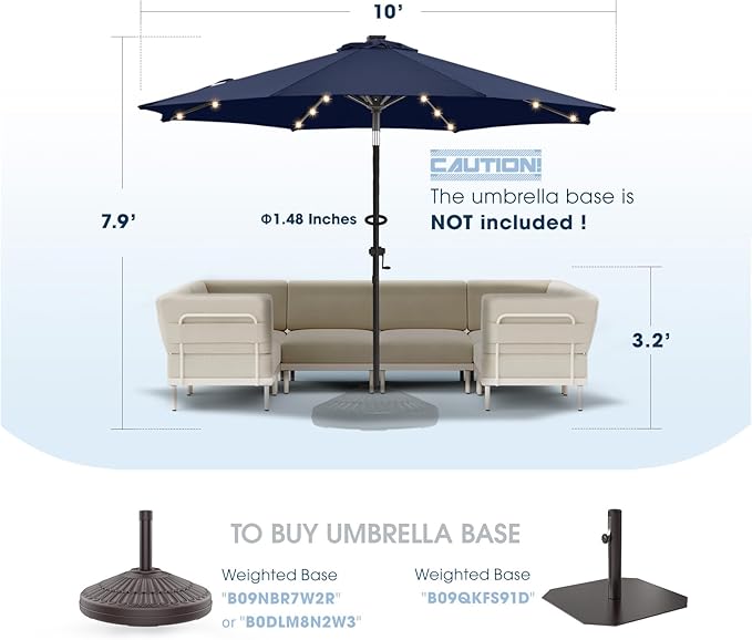 wikiwiki 10ft Solar Led Patio Umbrella, Sturdy Outdoor Market Umbrella for Deck, Pool, Garden w/Tilt, Crank, 32 LED Lights, Navy Blue