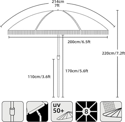 AMMSUN 7ft Patio Umbrella with Fringe Outdoor Tassel Umbrella UPF50+ Premium Steel Pole and Ribs Push Button Tilt, Sky Blue