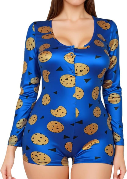 MissShorthair Onesies Women Sexy, Cute Onesie Pajamas for Women Long Sleeve Cookie Monster Large