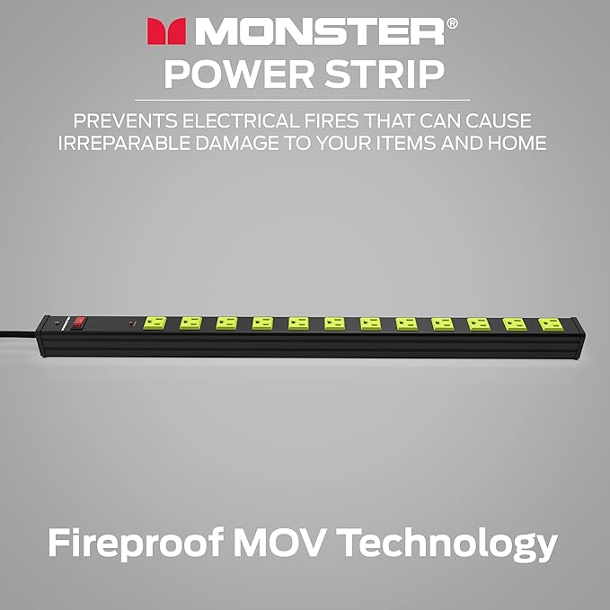Monster Workshop Heavy-Duty Garage Power Strip Surge Protector - Mountable Heavy-Duty Wide-Spaced 12 Grounded AC Outlets with 6ft Plug Chord- 4200 Joules - ETL Listed