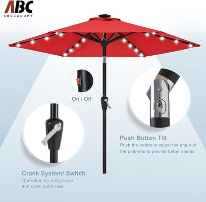 ABCCANOPY Durable Solar Led Patio Umbrellas with 24LED Lights 7.5FT with 6 Sturdy Ribs (Logo Red)