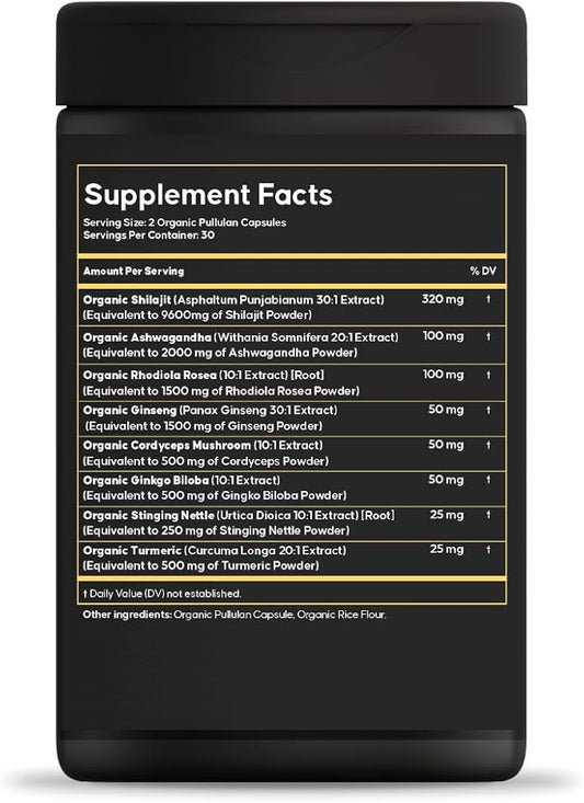 Pure Himalayan Shilajit Supplement for Men with Ashwagandha, Cordyceps Mushroom, Ginseng, Tumeric, Stinging Nettle, Rhodiala Rosea, Gingko Biloba - Resin, Gummy & Powder Alternative