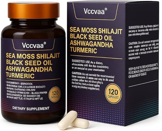 25-in-1 Sea Moss Capsules – Irish Sea Moss Black Seed Oil Ashwagandha Shilajit Ginger Turmeric Vitamin C & D3 Immune Gut, Energy Support – 120 Vegan Capsules