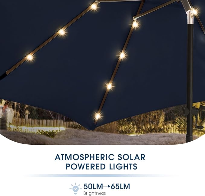 wikiwiki 7.5ft Solar Led Patio Umbrella, Sturdy Outdoor Market Umbrella for Deck, Pool, Garden w/Tilt, Crank, 18 LED Lights, Navy Blue