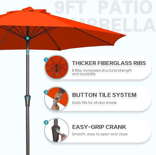 PatioKingdom 9FT Patio Outdoor Umbrella-UPF 50+ Sun Shade with Wind Vent, Push-Button Tilt & Smooth Crank Lift, Rust-Resistant Fiberglass Frame for Garden, Backyard,Yard