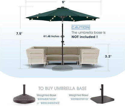 wikiwiki 9ft Solar Led Patio Umbrella, Sturdy Outdoor Market Umbrella for Deck, Pool, Garden w/Tilt, Crank, 32 LED Lights, Dark Green