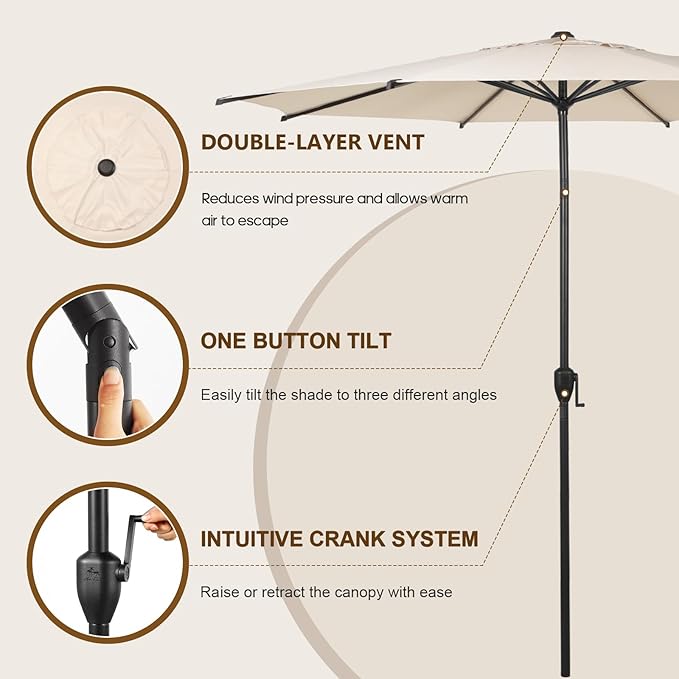 Abba Patio 9FT Lyon Outdoor Patio Umbrella Outdoor Table Umbrella with Push Button Tilt and Crank Market Umbrella 8 Sturdy Ribs UV Protection Waterproof for Garden Deck Backyard Pool Beige