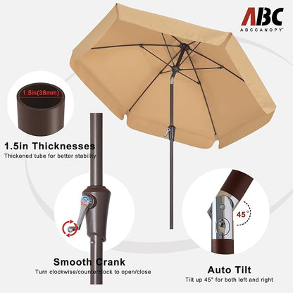 ABCCANOPY Patio Umbrella 7.5ft, Outdoor Table Umbrella with Push Button Tilt and Crank, 6 Ribs Umbrella for Patio Pool Garden Deck (Khaki)