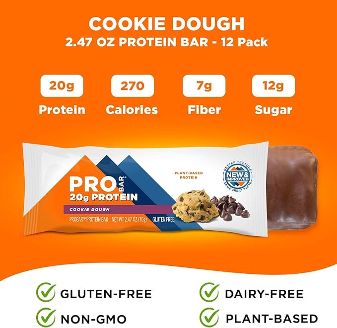 PROBAR - PROTEIN Bar, Cookie Dough, Non-GMO, Gluten-Free, Healthy, Plant-Based, Whole-Food Ingredients, Natural Energy (12 Count)