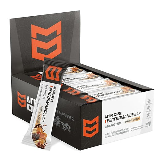 MTN OPS Caramel Crunch Protein Bars, High Protein with Whey Isolate & Whey Concentrate and Collagen, Low Sugar, Gluten Free, 10 Count
