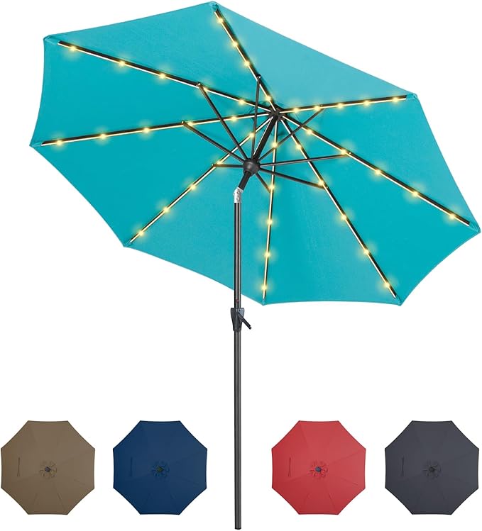 Tempera Solar Patio Umbrella 40 LED Lighted Outdoor Umbrella Table Market Umbrella with Push Button Tilt and Crank, Solar Umbrella with Sturdy Pole&Fade Resistant Canopy, Easy to Set