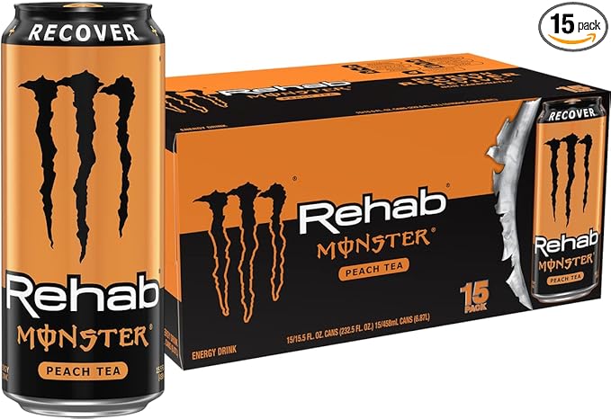 Monster Energy Rehab Peach Tea + Energy, Energy Iced Tea, Energy Drink, 15.5 Ounce (Pack of 15)