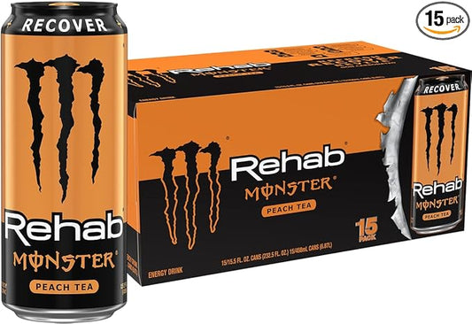 Monster Energy Rehab Peach Tea + Energy, Energy Iced Tea, Energy Drink, 15.5 Ounce (Pack of 15)