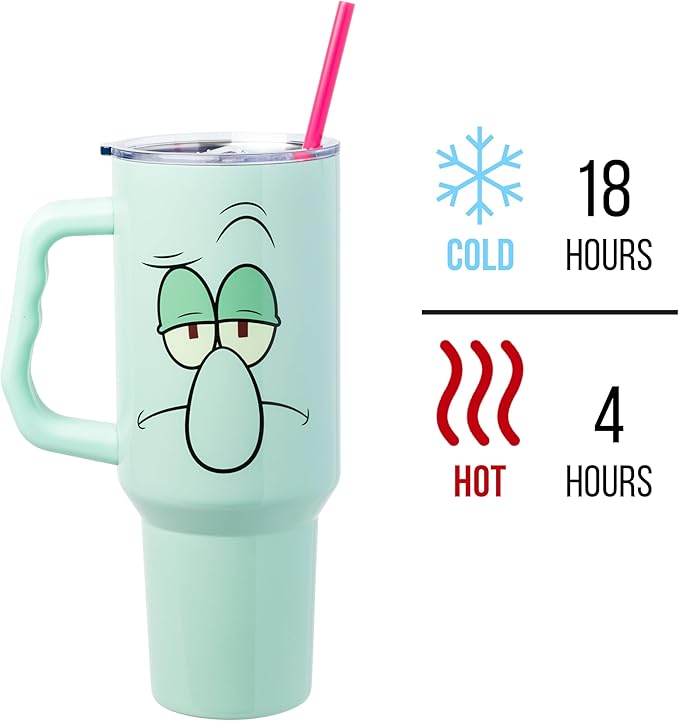 Silver Buffalo SpongeBob SquarePants Stainless Steel Tumbler with Handle Featuring Squidward, Fits in Standard Cup Holder, 40 Ounces