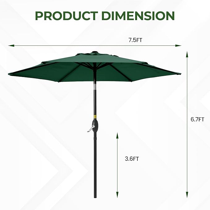 SUNVIVI OUTDOOR 7.5' Outdoor Patio Umbrella, Patio Umbrella, Market Umbrella, Metal Pole Umbrella with Push Button Tilt and Crank, 6 Ribs, Polyester Canopy