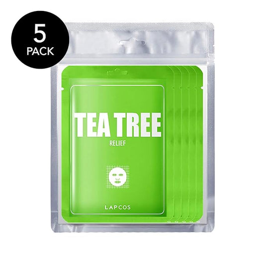 LAPCOS Tea Tree Sheet Mask, Daily Soothing Face Mask, Treats Acne & Clears Pores, Korean Beauty Favorite, 5-Pack