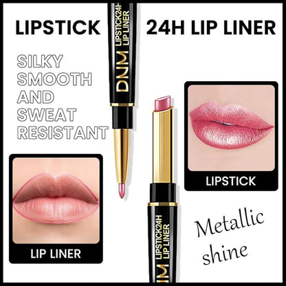 2-in-1 Pink Lip Liner & Lipstick Set Kit for Women, Metallic Lips Kit with Lip Liner Lip Stains Long Lasting Waterproof 24 Hour Lipstick and Lip Liners Combo Lipliners Pencil Set 20