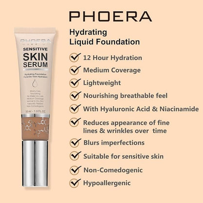 PHOERA Hydrating Serum Foundation,Flawless Full Coverage and Hypoallergenic Mocha, norm)