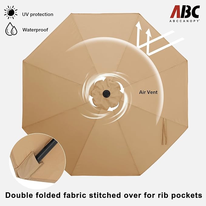 ABCCANOPY 9FT Outdoor Patio Umbrella, 8 Ribs Table Umbrella w/Crank for Easy Set Up, Suitable for Garden, Lawn, Deck & Backyard (Tan)