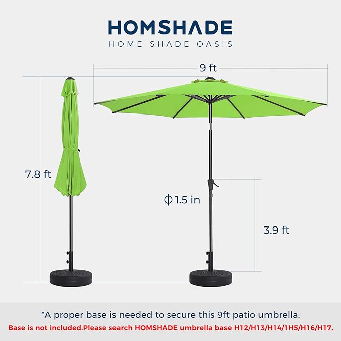 9ft Outdoor Patio Umbrella - Market Table Pool Deck Umbrella UPF50+ UV Protection with Push Button Tilt, Crank and 8 Sturdy Ribs (Apple Green, No base)